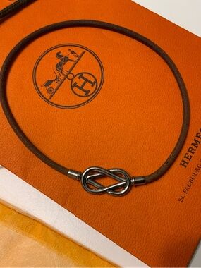 Authentic Hermes Atame silver and brown calf skin Bracelet Choker